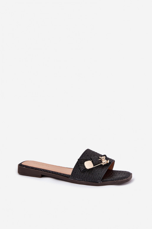 Chinelos femininos com salto largo com fitas cor preta Sallariela