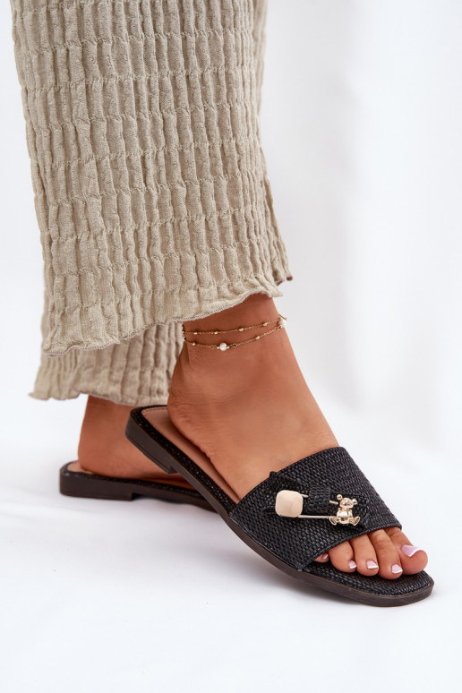 Chinelos femininos com salto largo com fitas cor preta Sallariela