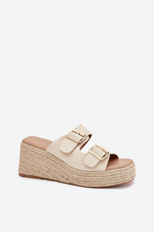 Chinelos femininos Em uma cunha Com trança I com fivelasmi bege Pasinea