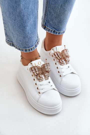 À modalo de tênis Feminino com uma plataforma Z Borboletasm Branco-cor dourada Habilitadoritevia
