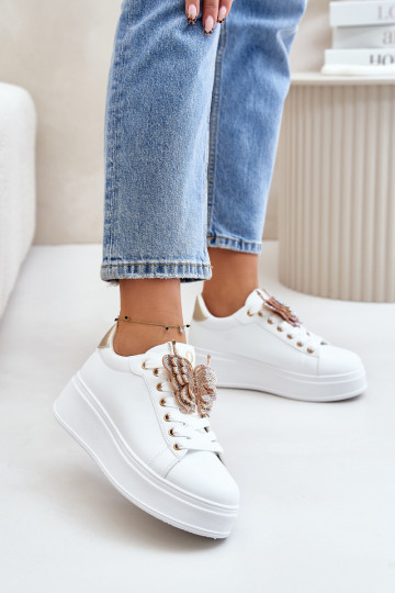 À modalo de tênis Feminino com uma plataforma Z Borboletasm Branco-cor dourada Habilitadoritevia 2