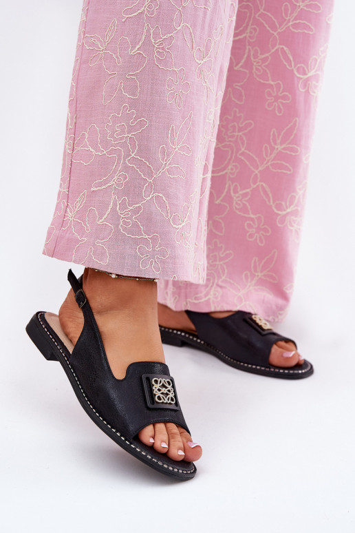 Estilo elegante Sandálias femininas com salto largo com enfeites S.Barski KV51-082 cor preta Estilo elegante Sandálias femininas com salto largo com enfeites S.Barski KV51-082 cor preta