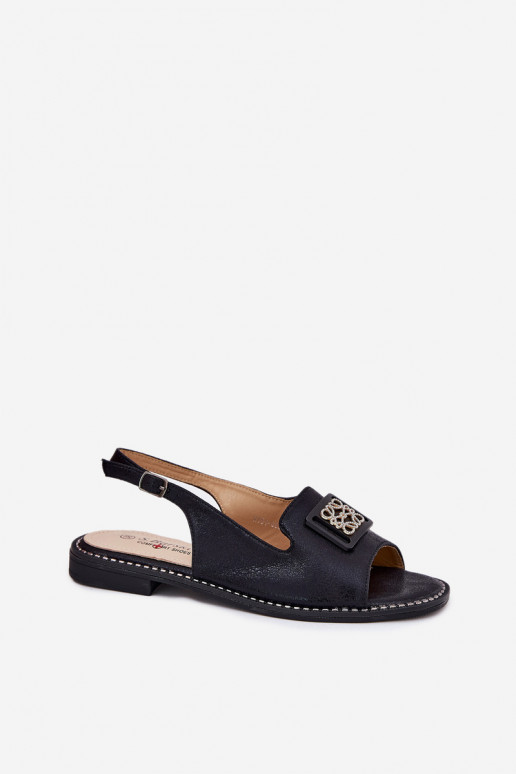 Estilo elegante Sandálias femininas com salto largo com enfeites S.Barski KV51-082 cor preta Estilo elegante Sandálias femininas com salto largo com enfeites S.Barski KV51-082 cor preta