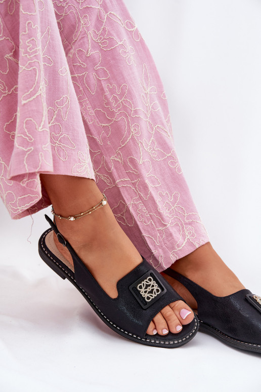 Estilo elegante Sandálias femininas com salto largo com enfeites S.Barski KV51-082 cor preta Estilo elegante Sandálias femininas com salto largo com enfeites S.Barski KV51-082 cor preta