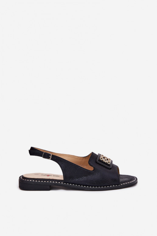 Estilo elegante Sandálias femininas com salto largo com enfeites S.Barski KV51-082 cor preta Estilo elegante Sandálias femininas com salto largo com enfeites S.Barski KV51-082 cor preta