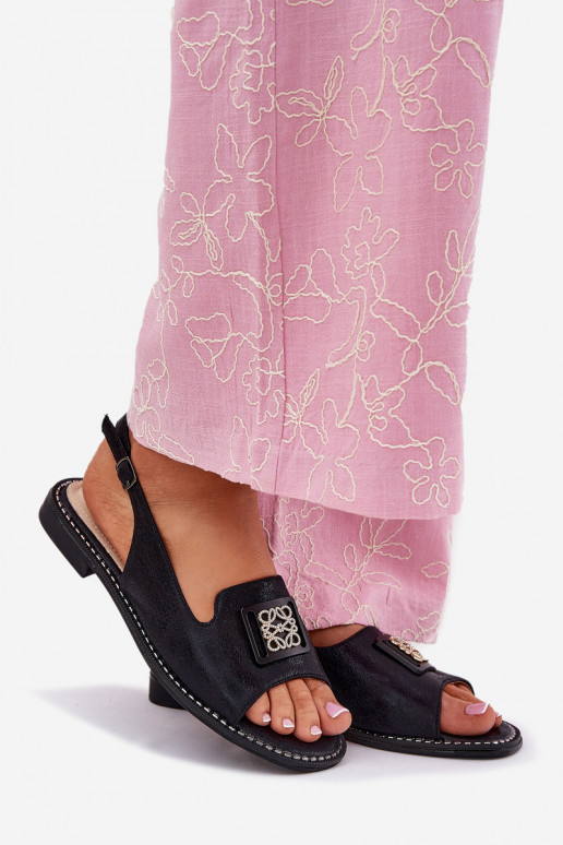 Estilo elegante Sandálias femininas com salto largo com enfeites S.Barski KV51-082 cor preta Estilo elegante Sandálias femininas com salto largo com enfeites S.Barski KV51-082 cor preta