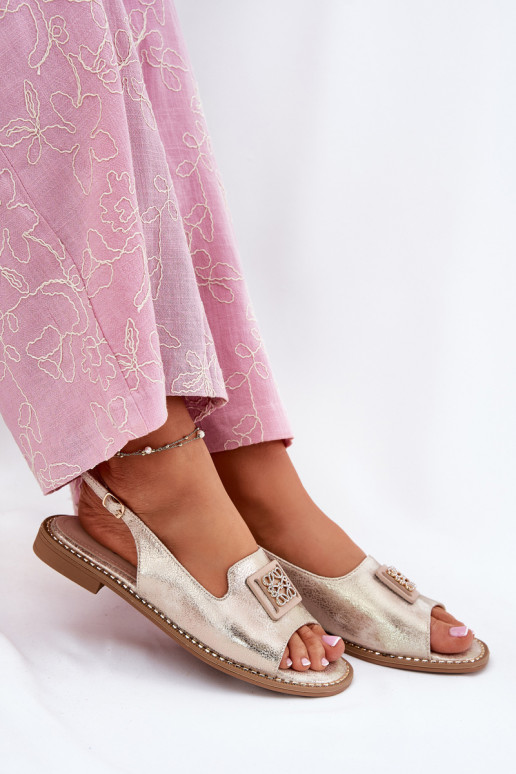 Estilo elegante Sandálias femininas com salto largo com enfeites S.Barski KV51-082 cor dourada Estilo elegante Sandálias femininas com salto largo com enfeites S.Barski KV51-082 cor dourada