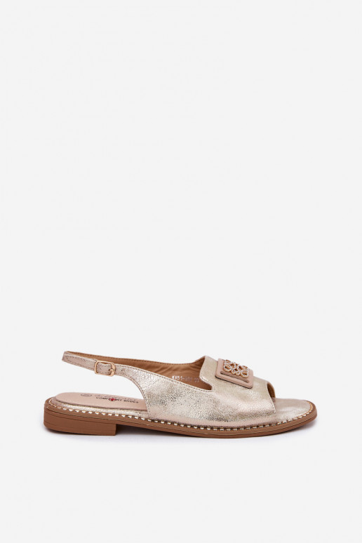 Estilo elegante Sandálias femininas com salto largo com enfeites S.Barski KV51-082 cor dourada Estilo elegante Sandálias femininas com salto largo com enfeites S.Barski KV51-082 cor dourada