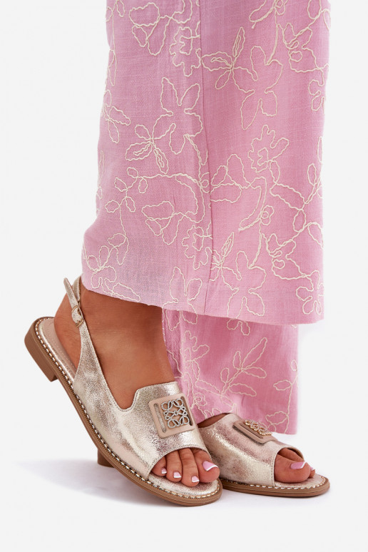 Estilo elegante Sandálias femininas com salto largo com enfeites S.Barski KV51-082 cor dourada Estilo elegante Sandálias femininas com salto largo com enfeites S.Barski KV51-082 cor dourada