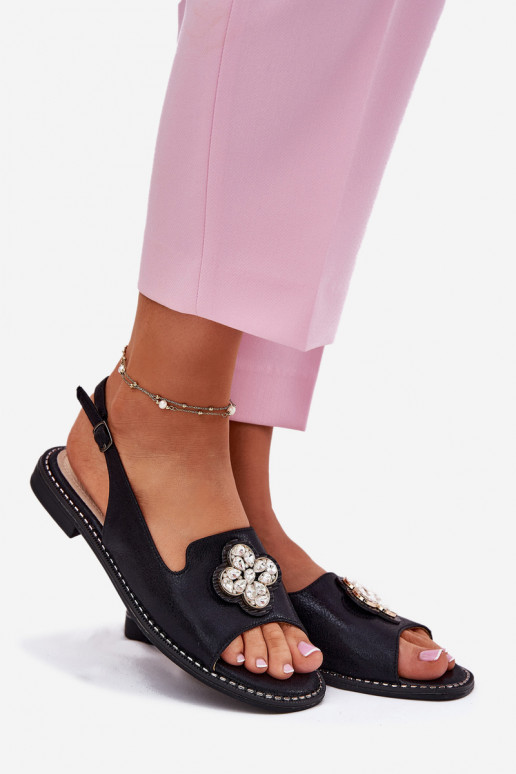 Sandálias femininas com salto largo Com decorações Detalem S.Barski KV51-080 cor preta