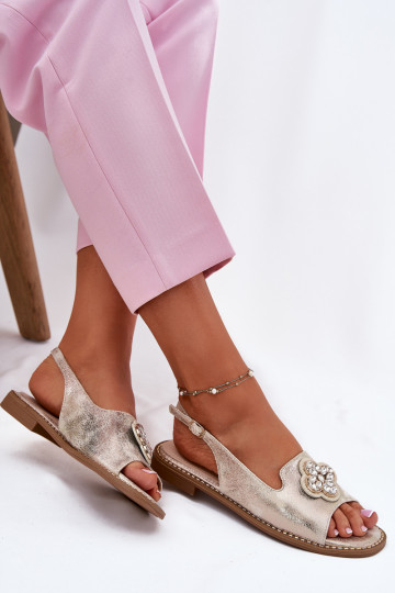 Sandálias femininas com salto largo Com decorações Detalem S.Barski KV51-080 cor dourada