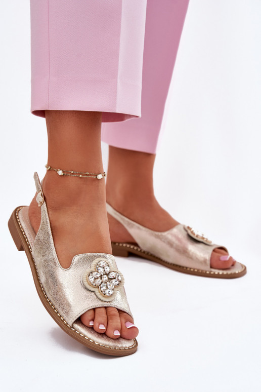 Sandálias femininas com salto largo Com decorações Detalem S.Barski KV51-080 cor dourada