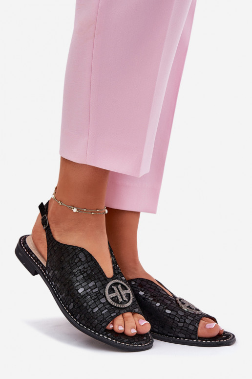 Sandálias femininas com salto largo com enfeites S.Barski KV51-094 cor preta Sandálias femininas com salto largo com enfeites S.Barski KV51-094 cor preta