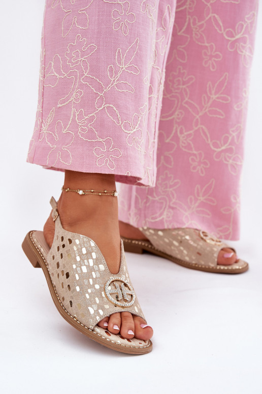 Sandálias femininas com salto largo com enfeites S.Barski KV51-094 cor dourada Sandálias femininas com salto largo com enfeites S.Barski KV51-094 cor dourada