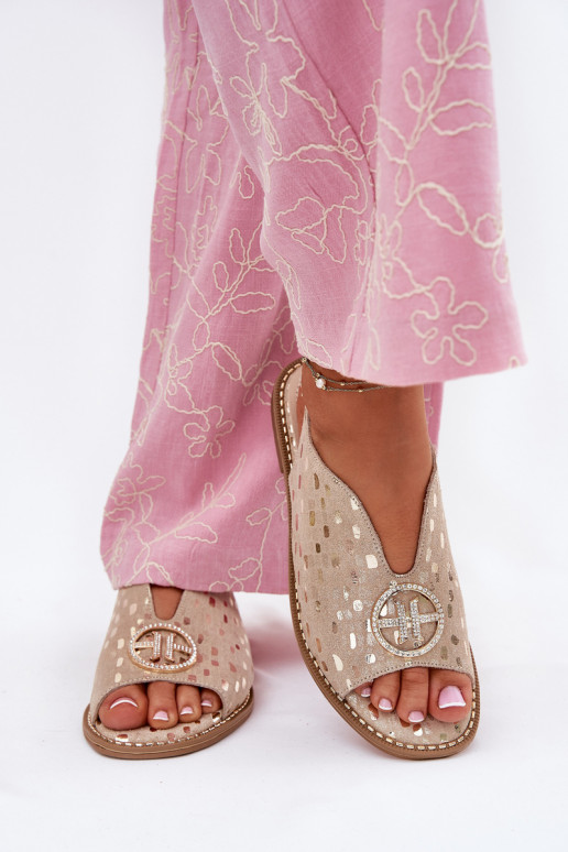 Sandálias femininas com salto largo com enfeites S.Barski KV51-094 cor dourada Sandálias femininas com salto largo com enfeites S.Barski KV51-094 cor dourada