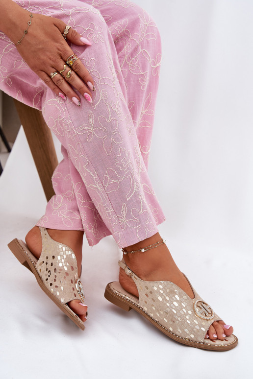 Sandálias femininas com salto largo com enfeites S.Barski KV51-094 cor dourada Sandálias femininas com salto largo com enfeites S.Barski KV51-094 cor dourada