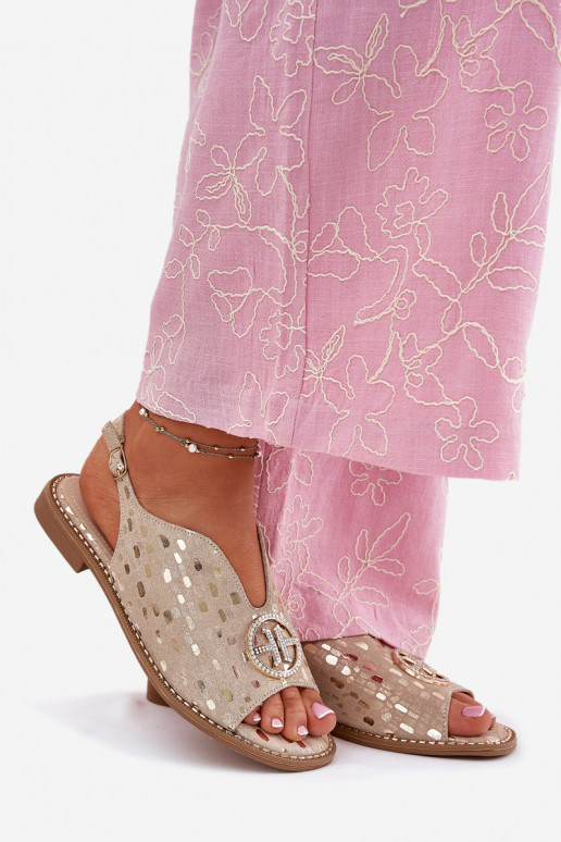 Sandálias femininas com salto largo com enfeites S.Barski KV51-094 cor dourada Sandálias femininas com salto largo com enfeites S.Barski KV51-094 cor dourada