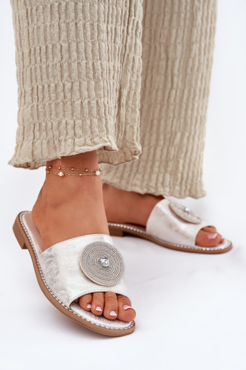 Chinelos femininos com salto largo com enfeites S.Barski KV51-013 cor prata