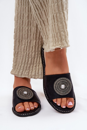 Chinelos femininos com salto largo com enfeites S.Barski KV51-013 cor preta