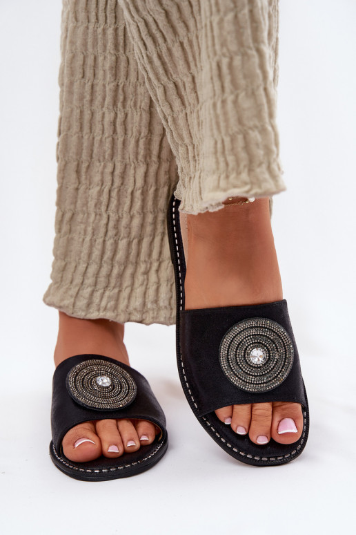 Chinelos femininos com salto largo com enfeites S.Barski KV51-013 cor preta