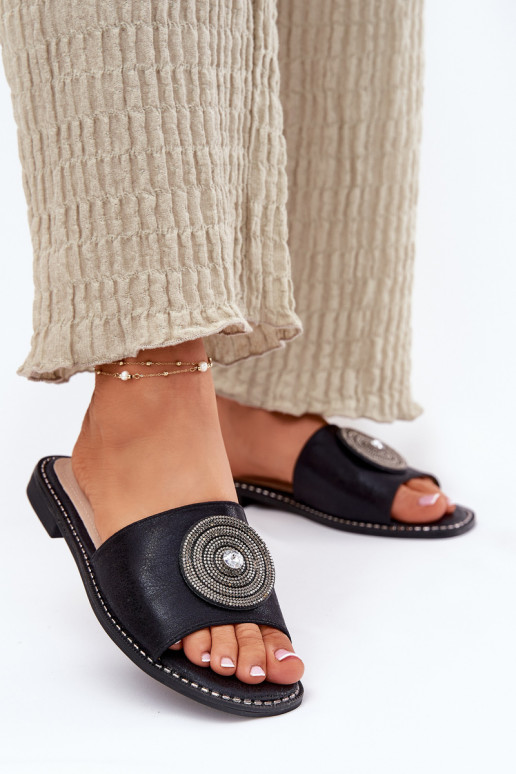 Chinelos femininos com salto largo com enfeites S.Barski KV51-013 cor preta