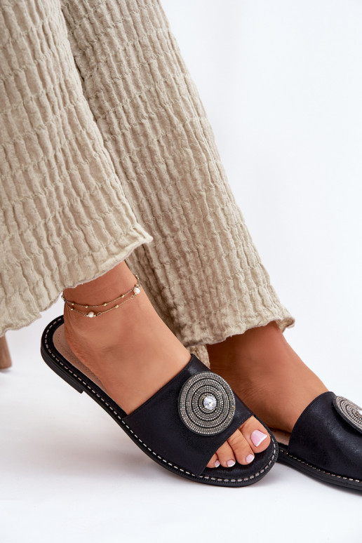 Chinelos femininos com salto largo com enfeites S.Barski KV51-013 cor preta