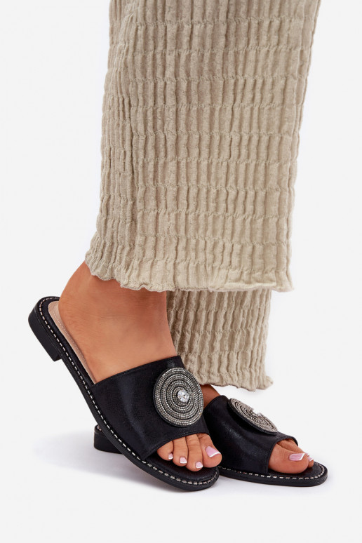 Chinelos femininos com salto largo com enfeites S.Barski KV51-013 cor preta