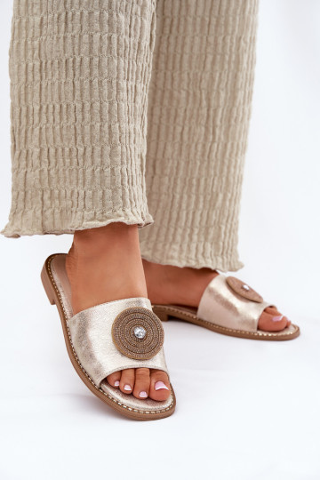 Chinelos femininos com salto largo com enfeites S.Barski KV51-013 cor dourada