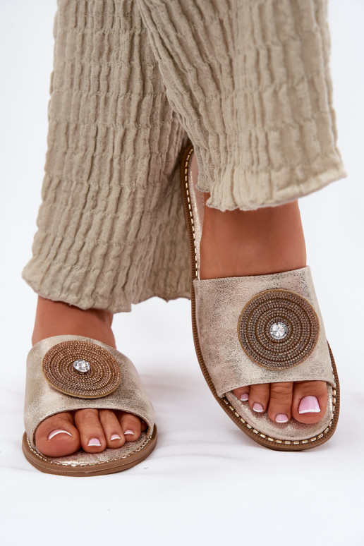 Chinelos femininos com salto largo com enfeites S.Barski KV51-013 cor dourada