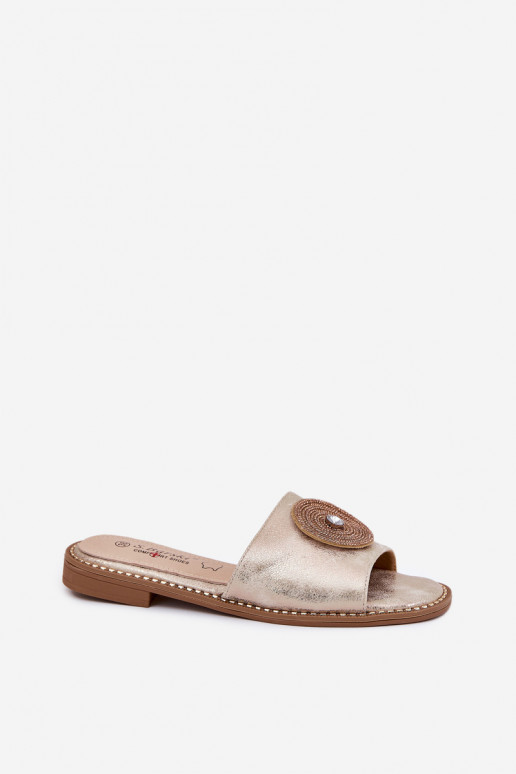 Chinelos femininos com salto largo com enfeites S.Barski KV51-013 cor dourada