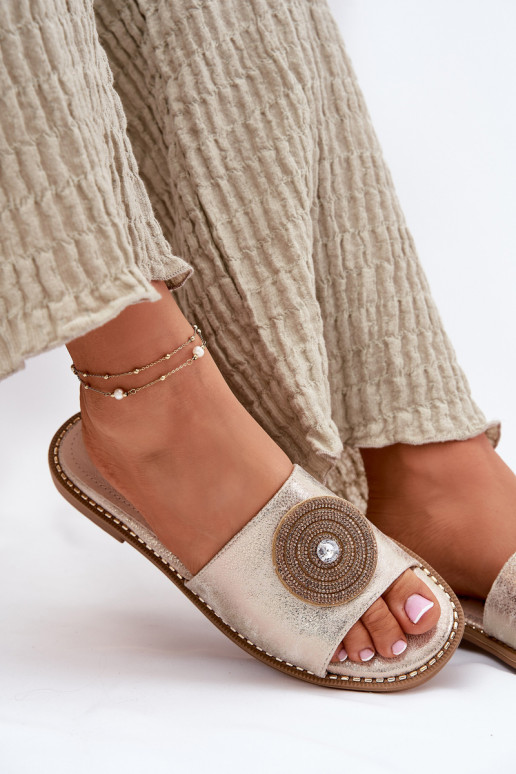 Chinelos femininos com salto largo com enfeites S.Barski KV51-013 cor dourada