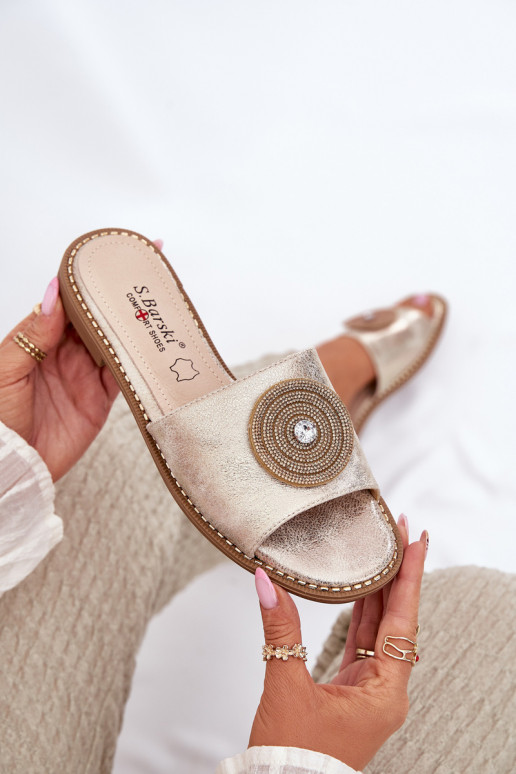 Chinelos femininos com salto largo com enfeites S.Barski KV51-013 cor dourada