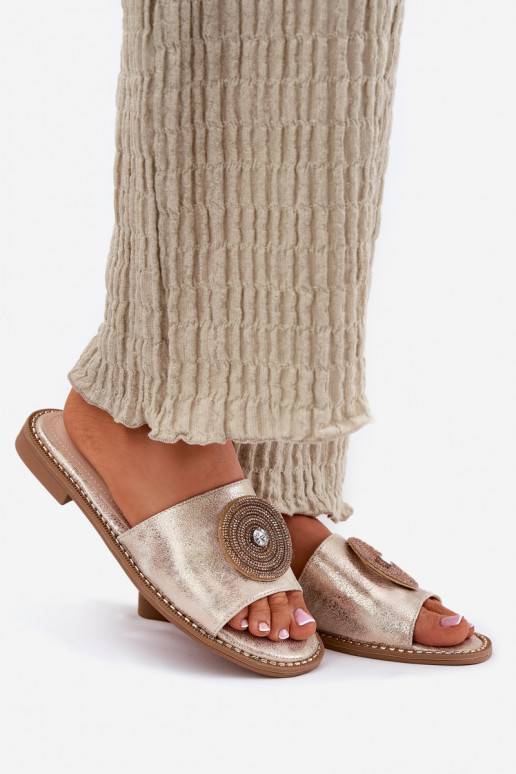 Chinelos femininos com salto largo com enfeites S.Barski KV51-013 cor dourada