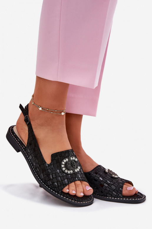 Sandálias femininas com enfeites com salto largo S.Barski KV51-096 cor preta Sandálias femininas com enfeites com salto largo S.Barski KV51-096 cor preta