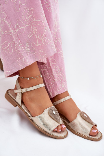 Sandálias femininas com salto largo com enfeites S.Barski KV51-098 cor dourada