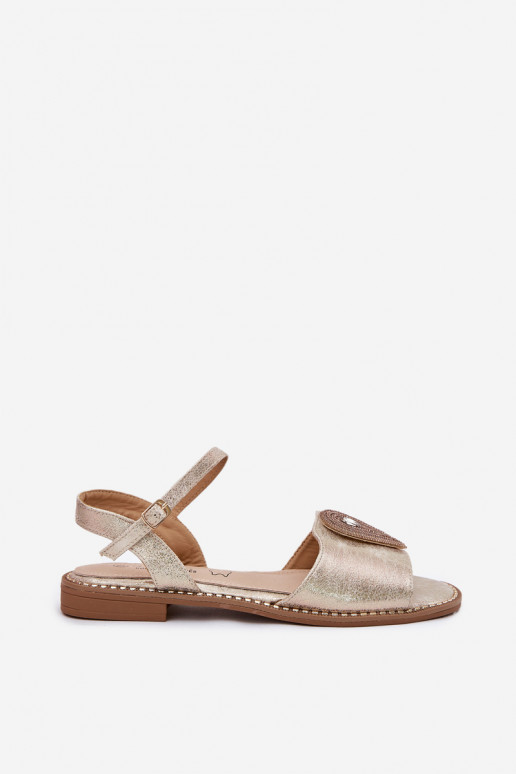 Sandálias femininas com salto largo com enfeites S.Barski KV51-098 cor dourada Sandálias femininas com salto largo com enfeites S.Barski KV51-098 cor dourada