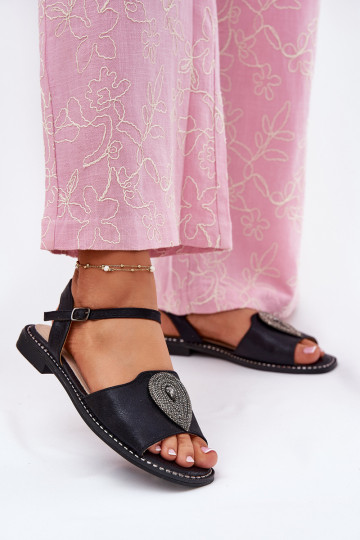 Sandálias femininas com salto largo com enfeites S.Barski KV51-098 cor preta