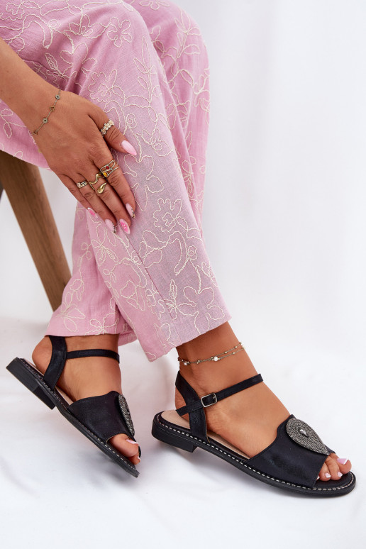 Sandálias femininas com salto largo com enfeites S.Barski KV51-098 cor preta Sandálias femininas com salto largo com enfeites S.Barski KV51-098 cor preta