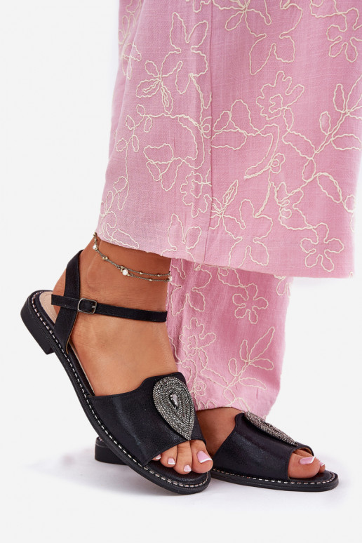 Sandálias femininas com salto largo com enfeites S.Barski KV51-098 cor preta Sandálias femininas com salto largo com enfeites S.Barski KV51-098 cor preta