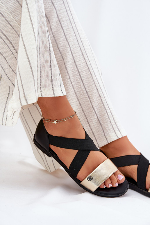 Sandálias rasteiras para mulheres Z Elastycznymi Paskami Preto e-cor dourada Tem que serrinea