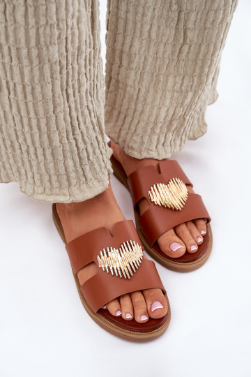 Chinelos femininos com salto largo com detalhes dourados cor marrom Karinma 2