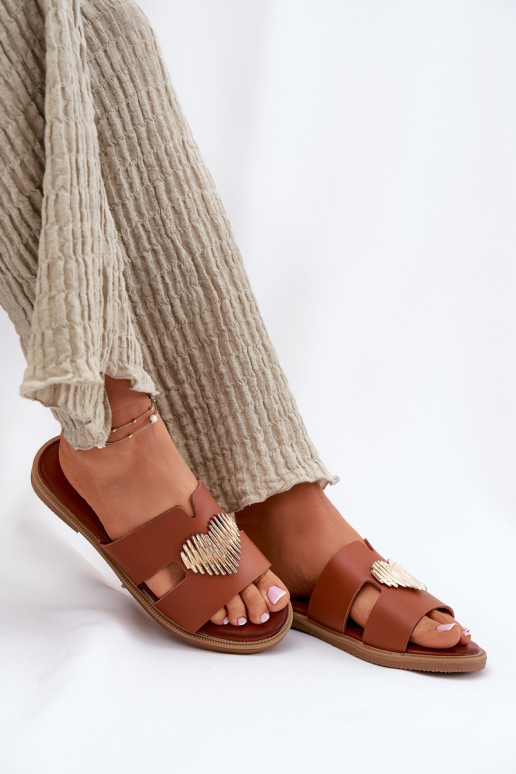 Chinelos femininos com salto largo com detalhes dourados cor marrom Karinma