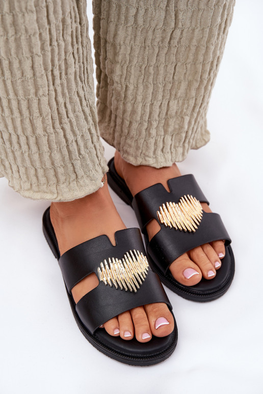 Chinelos femininos com salto largo com detalhes dourados cor preta Karinma