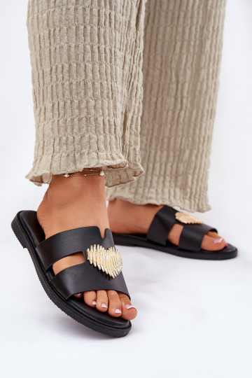 Chinelos femininos com salto largo com detalhes dourados cor preta Karinma 2