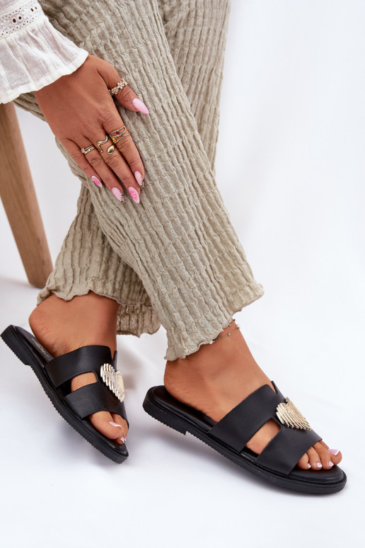 Chinelos femininos com salto largo com detalhes dourados cor preta Karinma