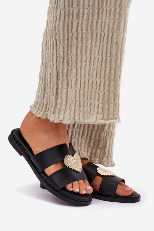 Chinelos femininos com salto largo com detalhes dourados cor preta Karinma