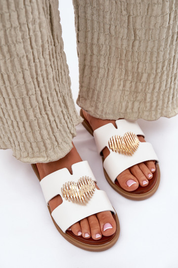 Chinelos femininos com salto largo com detalhes dourados cor branca Karinma