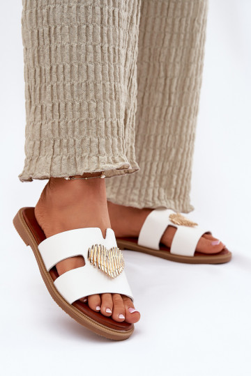 Chinelos femininos com salto largo com detalhes dourados cor branca Karinma 2