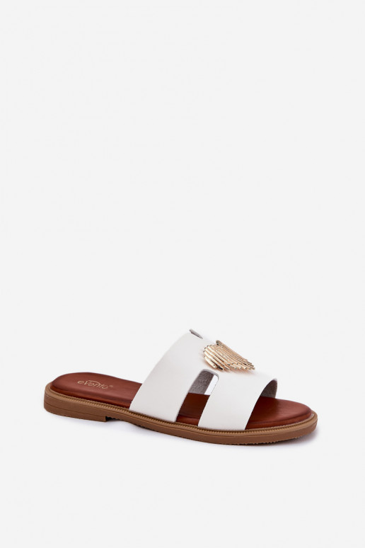 Chinelos femininos com salto largo com detalhes dourados cor branca Karinma