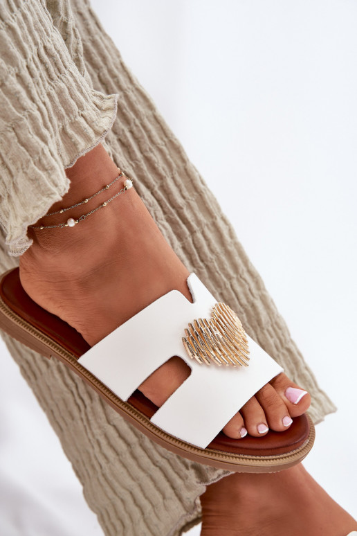 Chinelos femininos com salto largo com detalhes dourados cor branca Karinma